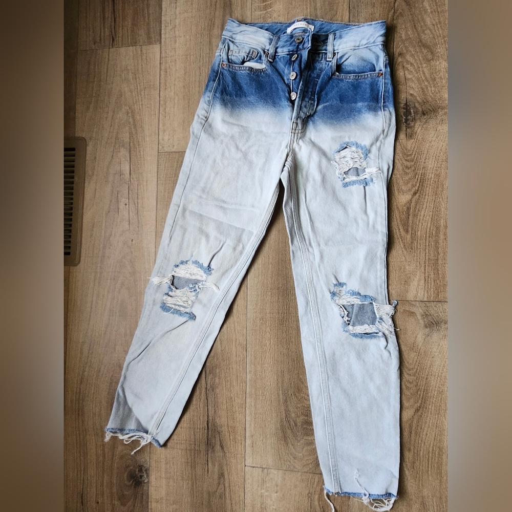 PacSun Blue and White High Rise Distressed Jeans